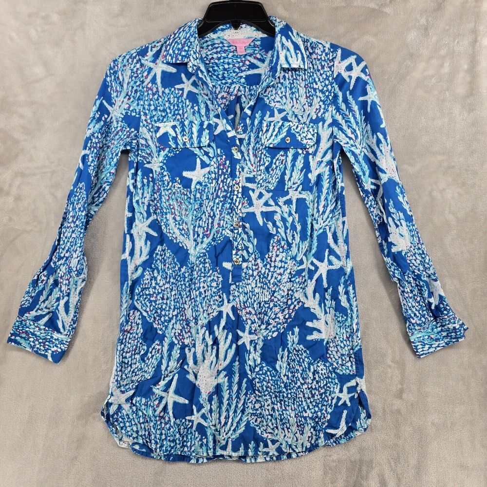 Lilly Pulitzer Captiva Tunic Brewster Blue Good Reef Starfish Coral Size XXS